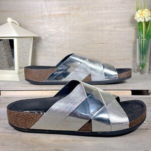 Circus by Sam Edelman Allison Silver Metallic Slides Sandals Birkenstock